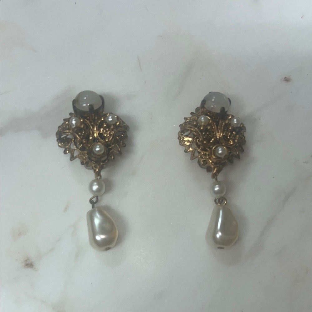 Signed West German Elegant Gold and Pearl Drop Earrings